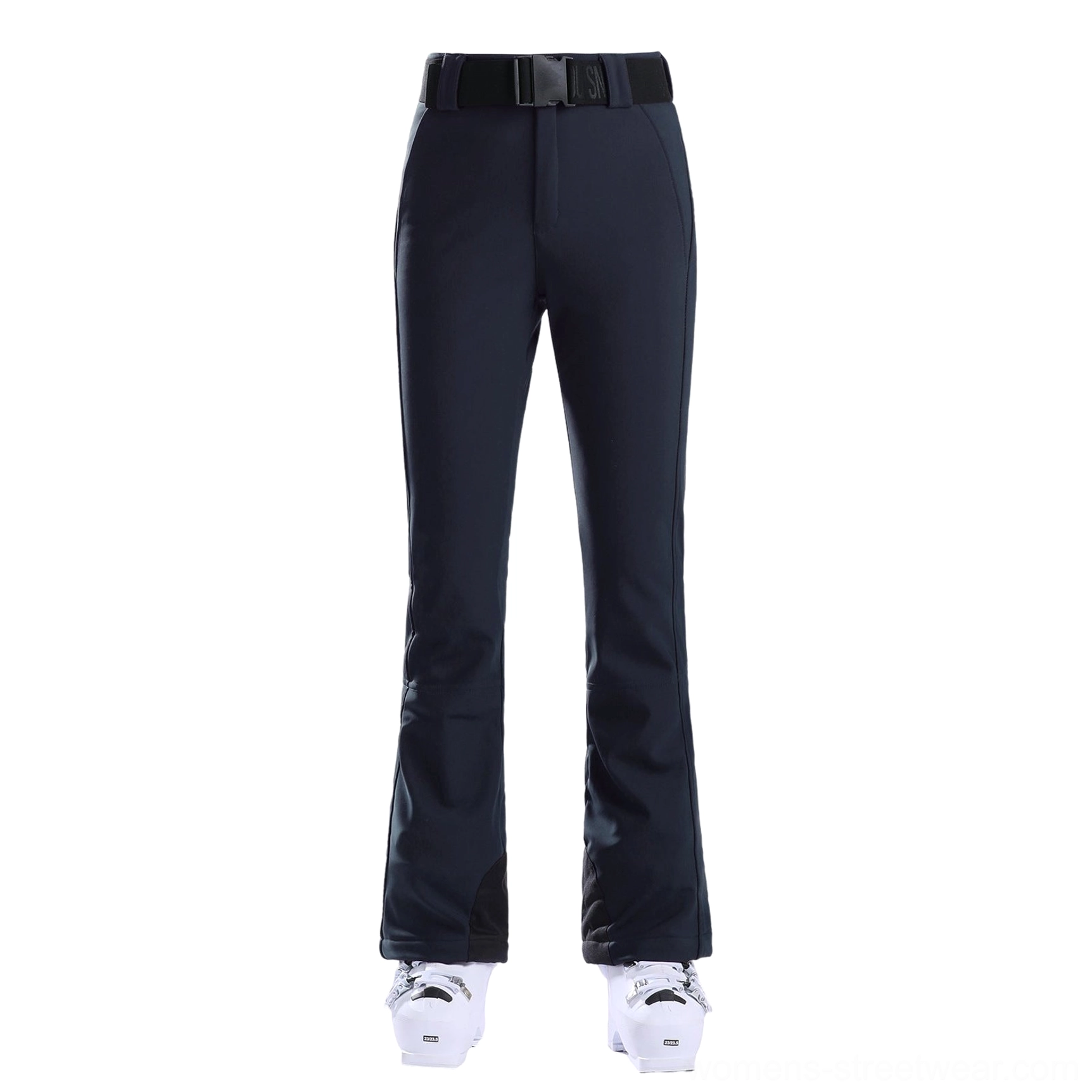 Navy women's flared snow pants flat lay showing wide belt, slim fit, and boot-cut leg shape