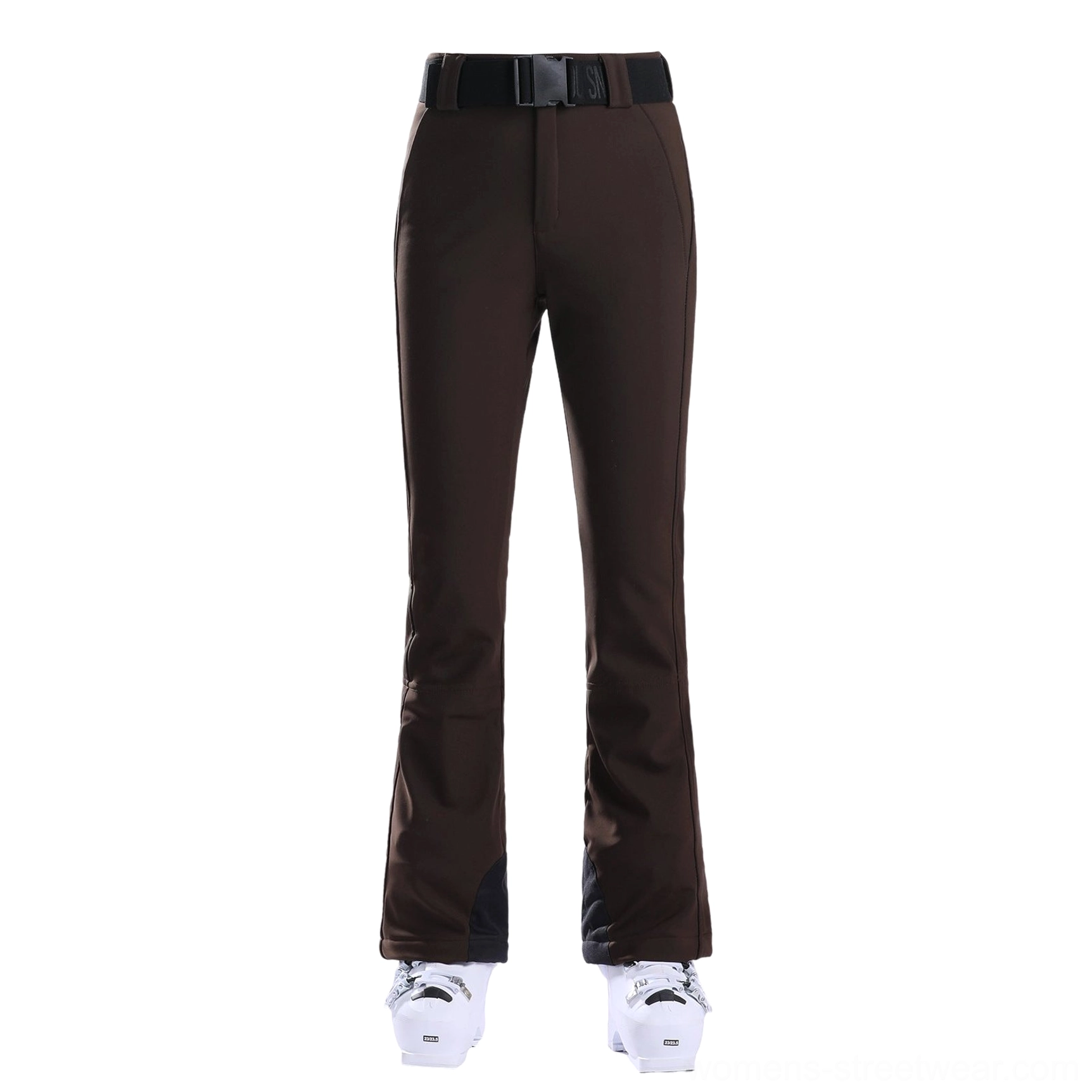 Women's belted flared waterproof stretch ski pants showcasing snow streetwear performance styling