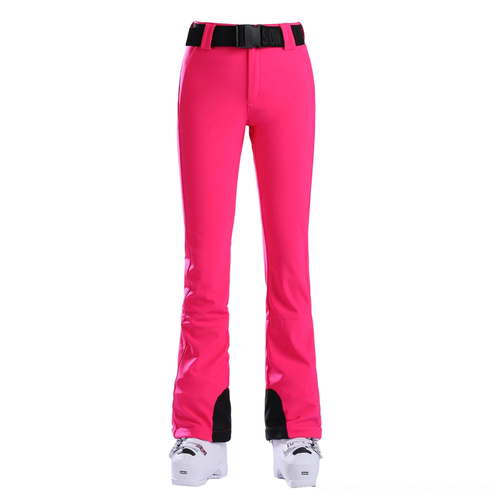 Women's pink belted flared ski pants with waterproof stretch construction and snow-ready boot-cut fit