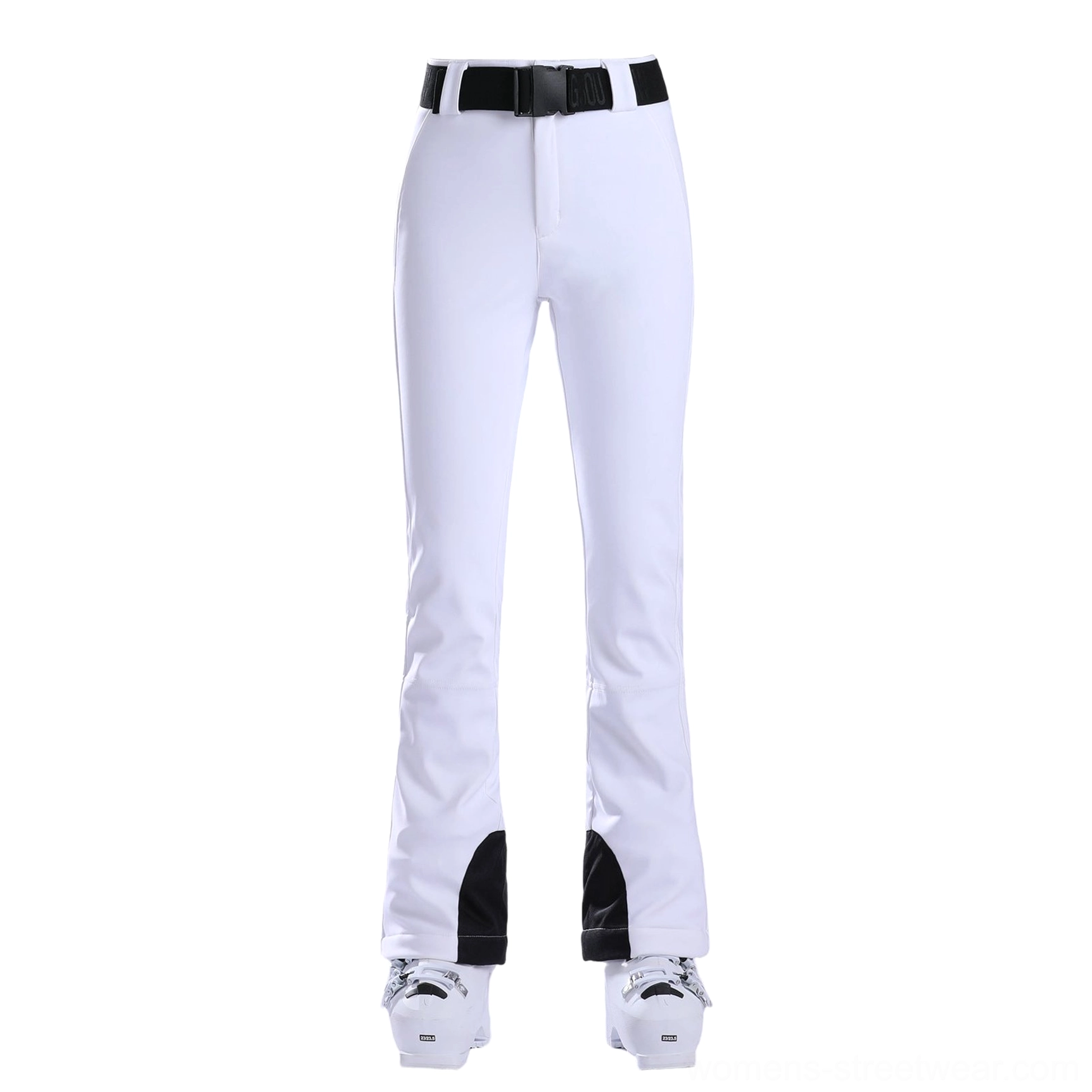 White women's waterproof stretch flared ski pants flat lay with adjustable belt and ski boots