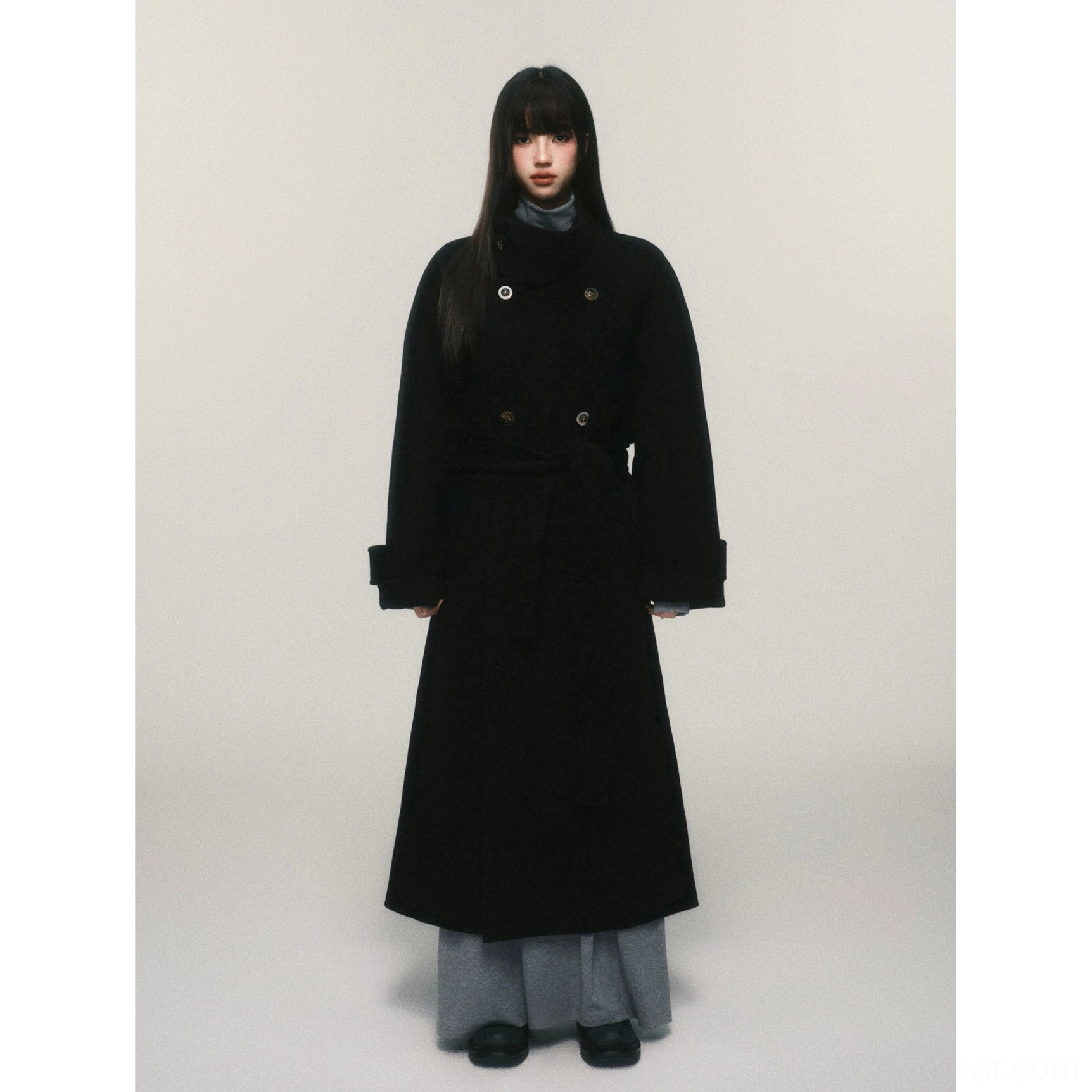 Women's black belted double-breasted wool maxi trench coat long winter streetwear outerwear view