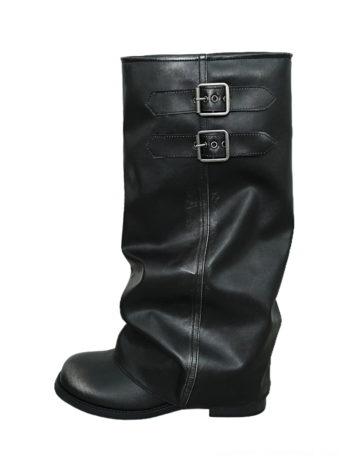 Black buckled slouch shaft leather riding boots front view with silver hardware and low block heel