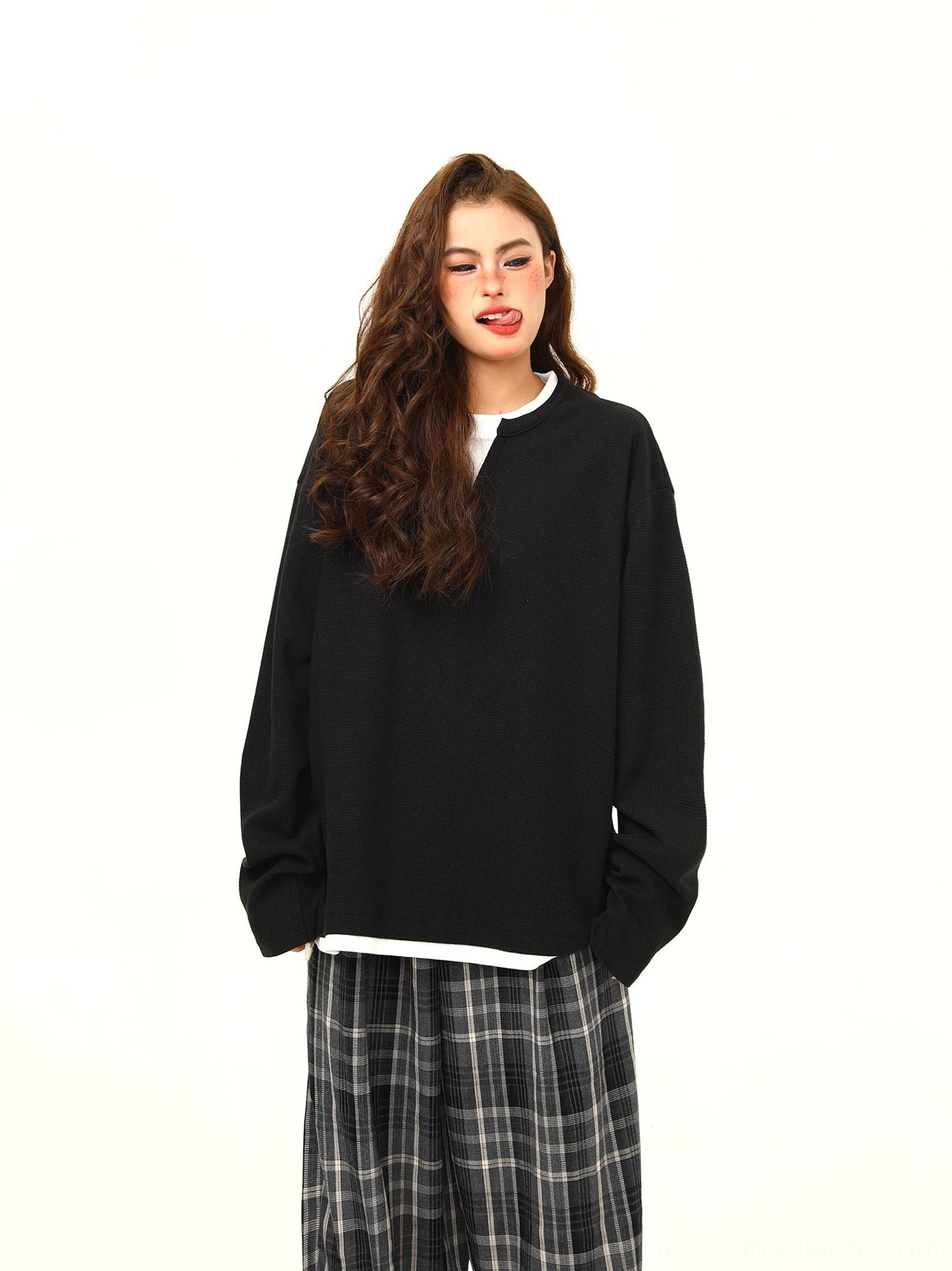 Black fake two piece waffle knit Henley pullover front close view showing oversized relaxed women's streetwear fit