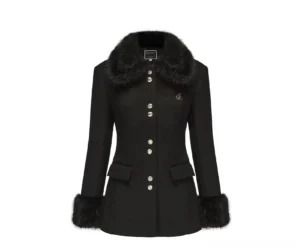 Front studio view of a women's black wool blend winter coat with plush faux fur shawl collar and cuffs, metallic button closure, tailored waist, and double flap pockets