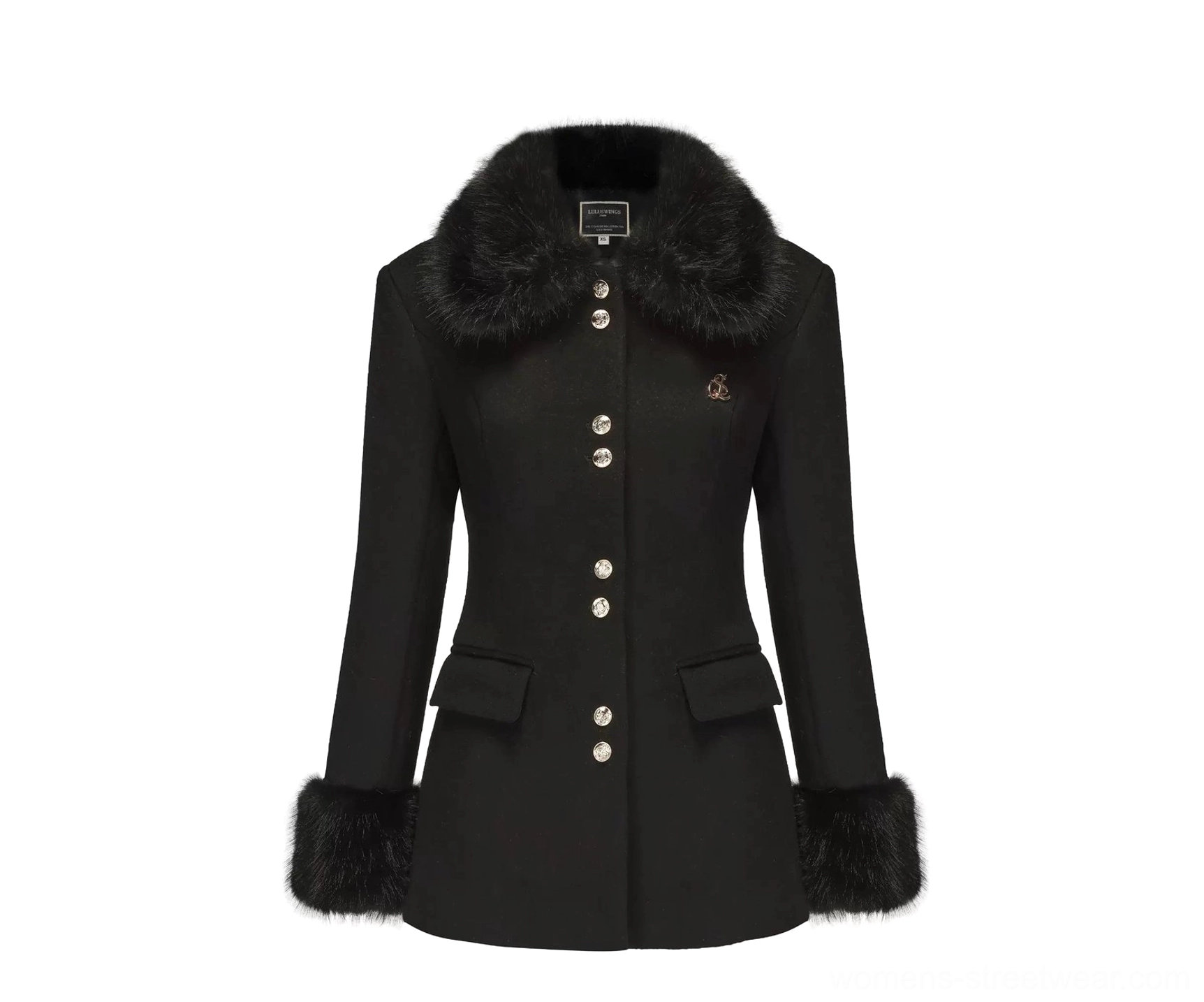 Front studio view of a women's black wool blend winter coat with plush faux fur shawl collar and cuffs, metallic button closure, tailored waist, and double flap pockets