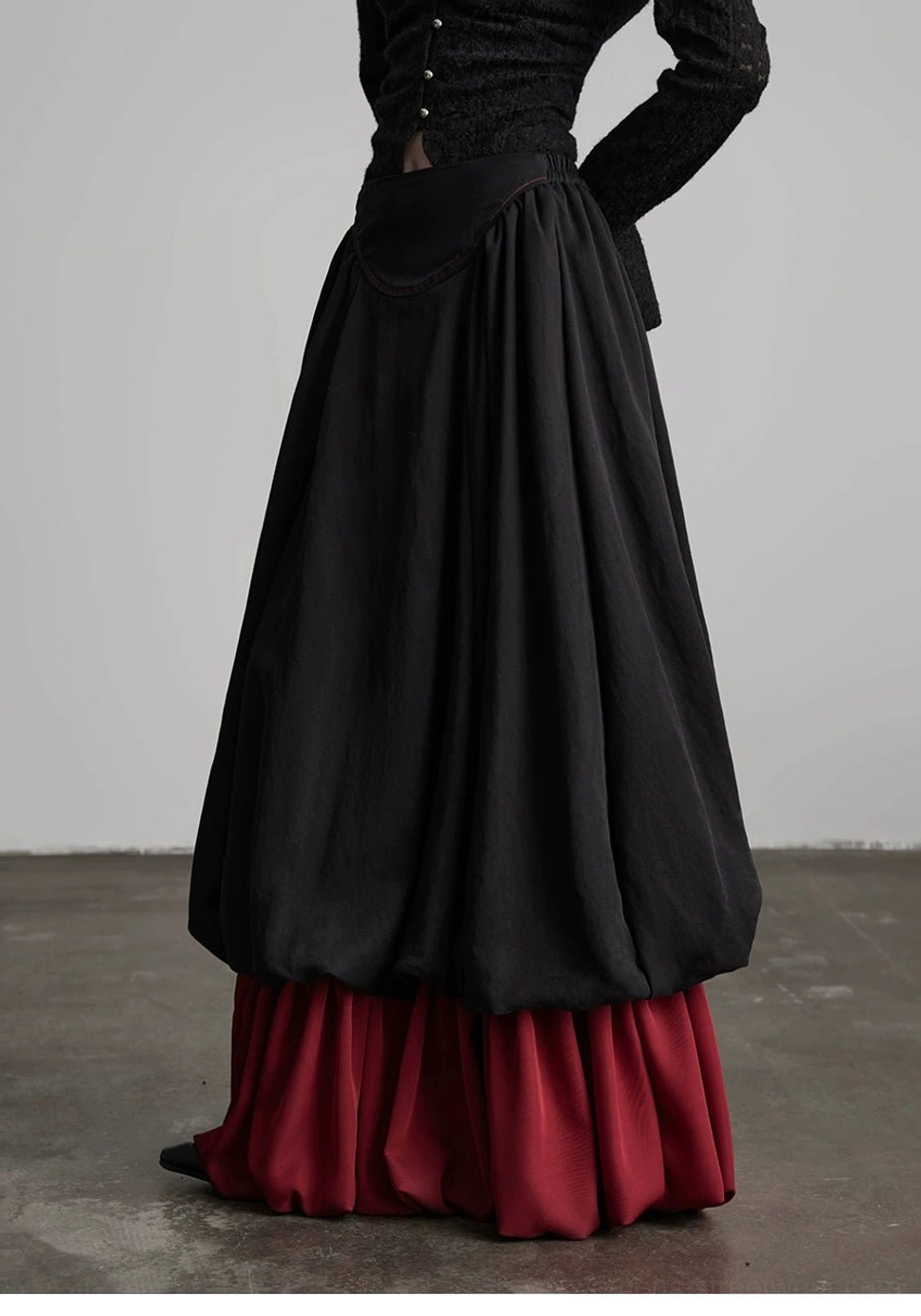 Women's black gothic patchwork faux two-piece maxi skirt with contrast red trim