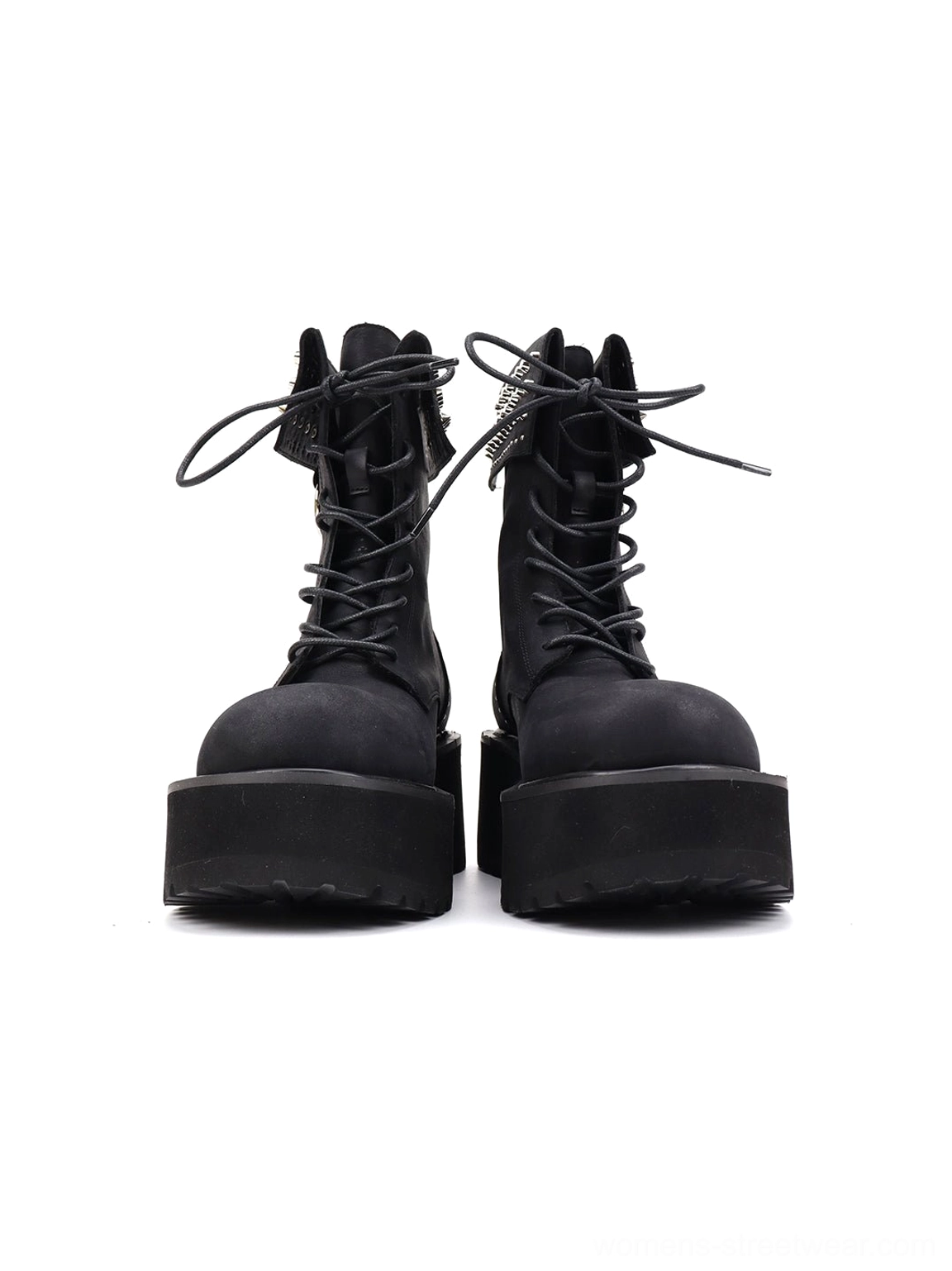 Front-facing pair of women's black platform combat boots with lace-up design, subtle side studs, rounded toes, and thick lug soles