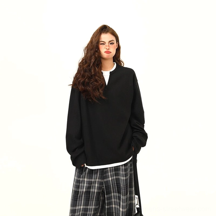 Black women's layered hem waffle knit Henley oversized streetwear pullover color option