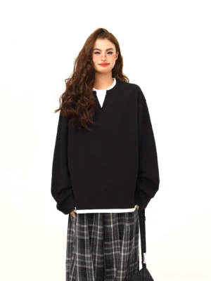 Black layered hem waffle knit Henley oversized streetwear pullover front full body outfit with plaid wide leg pants