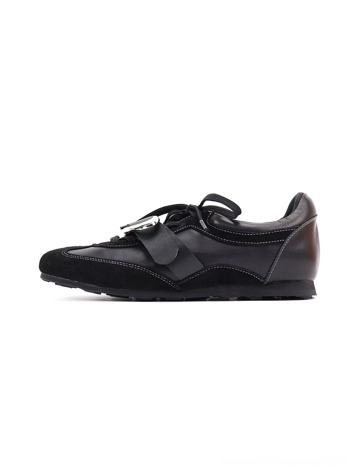 Women's black German trainer sneakers with reflective metallic panel for Y2K and Seoul streetwear styling