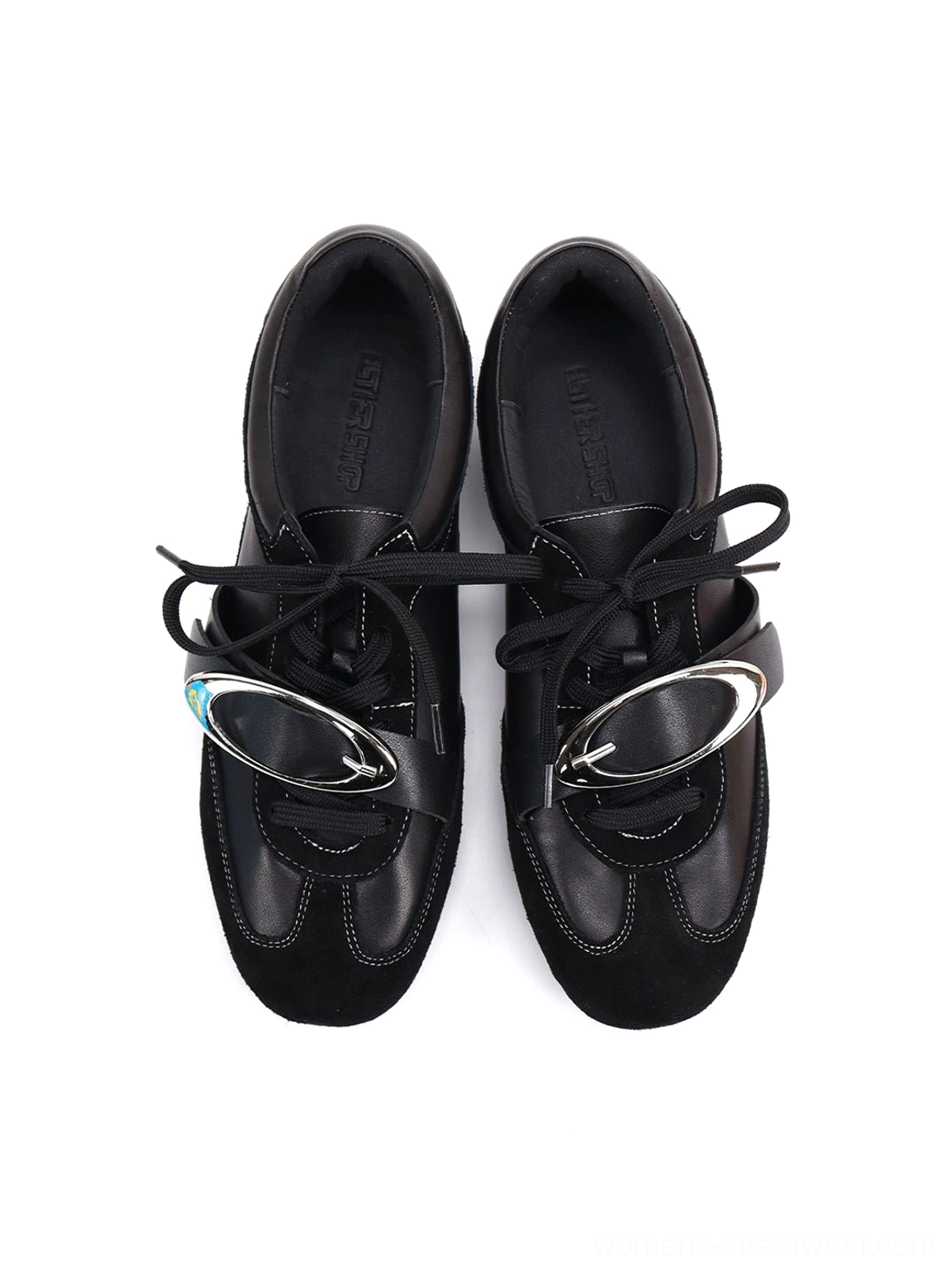 Women's low-profile black German trainer sneakers with genuine leather upper and metallic detail