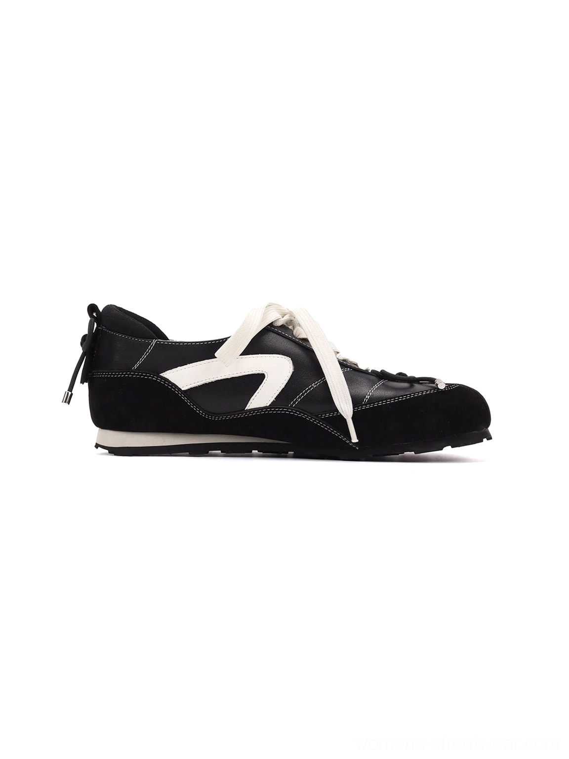 Women's black leather square-toe ballet flats with athletic-inspired lacing and modern Korean streetwear aesthetic