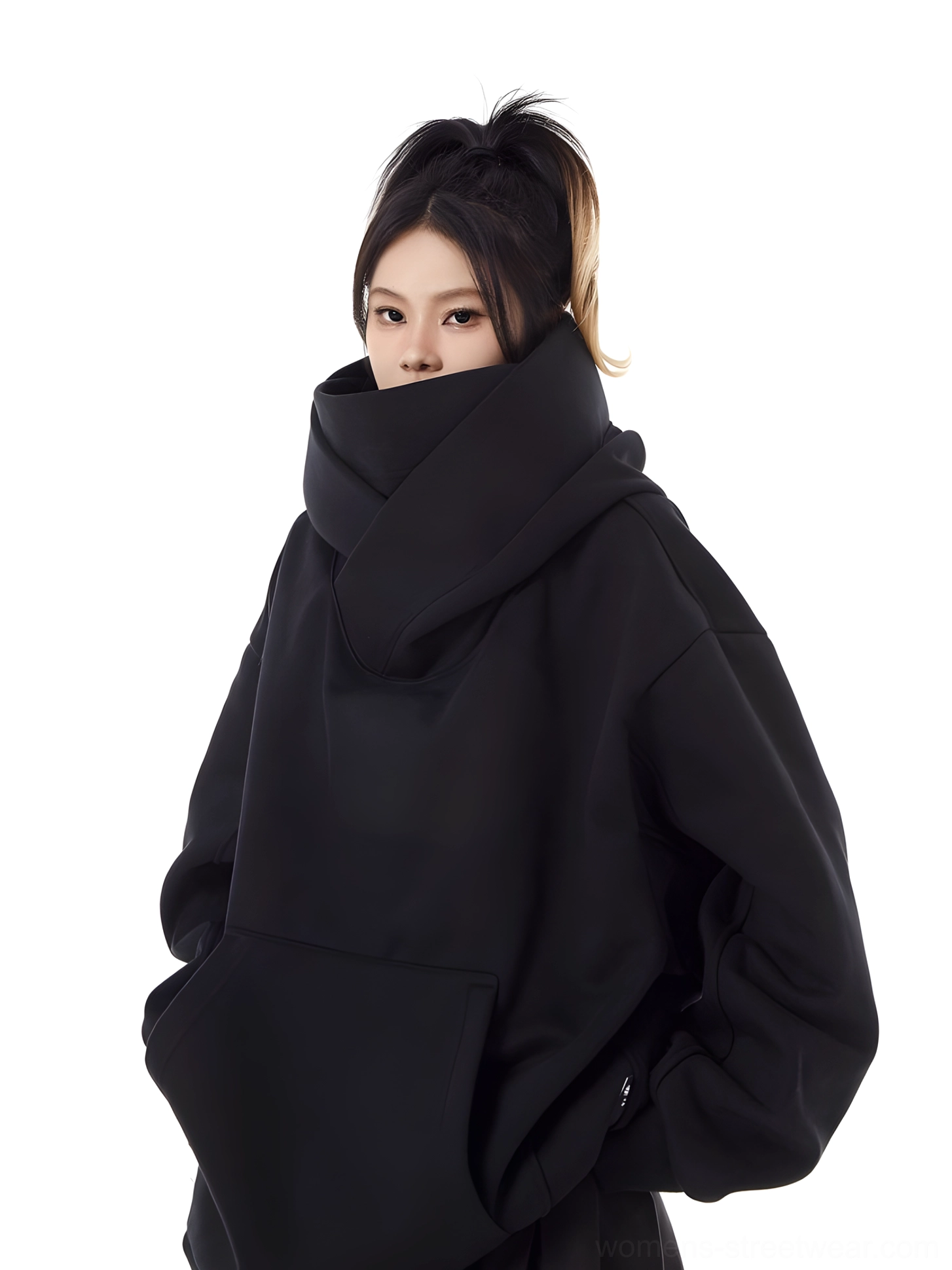 Right-side view of women's black loose-fit hooded pullover featuring drop shoulder sleeves and futuristic high-neck hood design