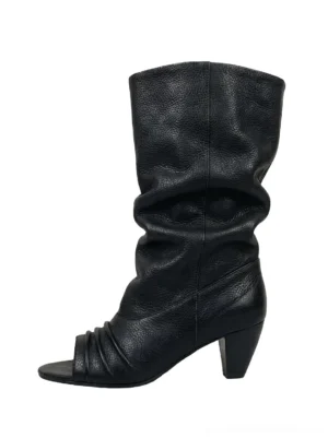 Black women's open-toe slouch leather mid-calf boot shown from the front with ruched toe box and angled block heel
