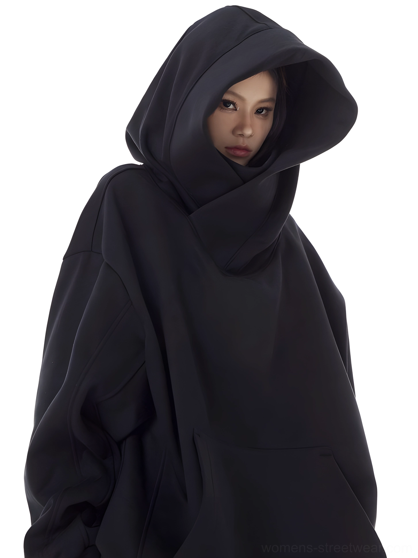 Black women's oversized high-neck hooded pullover with sculptural hood, drop shoulders, kangaroo pocket, and relaxed Y2K streetwear fit