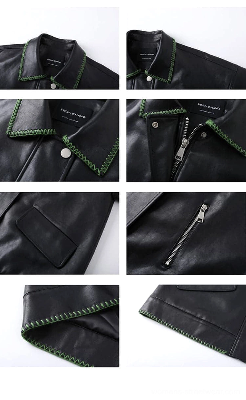 Women's black oversized biker jacket in smooth PU leather with green contrast collar stitching and casual streetwear design