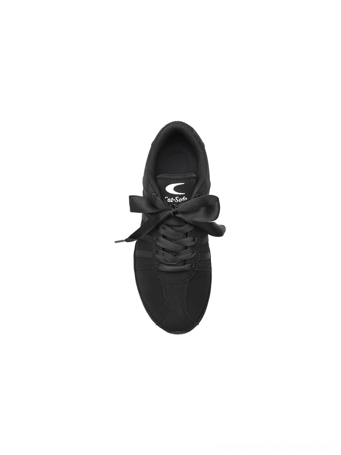 Women's black ribbon lace low-top sneakers presented in a close fashion view with minimalist monochrome streetwear details