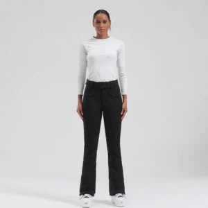 Black women's streetwear ski pants with flared hem, secure front zip pockets, adjustable waist belt, and ski boot styling