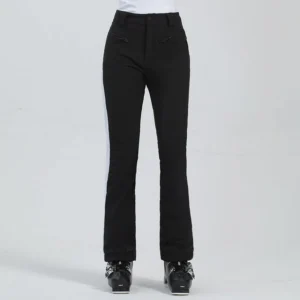 Black women's streetwear ski pants with white contrast side panel, zippered pockets, tailored flare, and ski boot fit