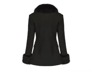 Back studio view of a women's black tailored winter coat featuring a slim structured silhouette, solid wool blend fabric, faux fur sleeve cuffs, and elegant fitted shaping