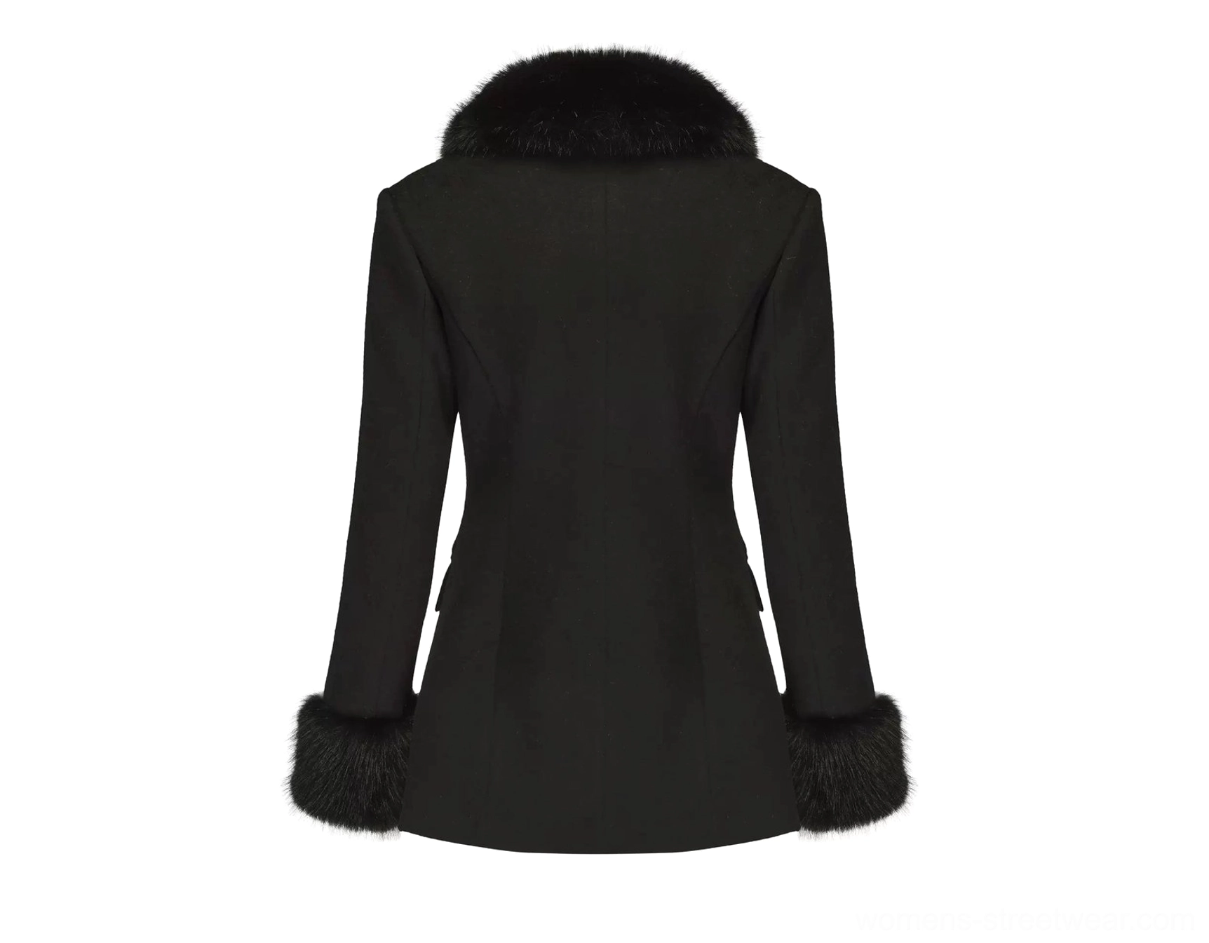 Back studio view of a women's black tailored winter coat featuring a slim structured silhouette, solid wool blend fabric, faux fur sleeve cuffs, and elegant fitted shaping