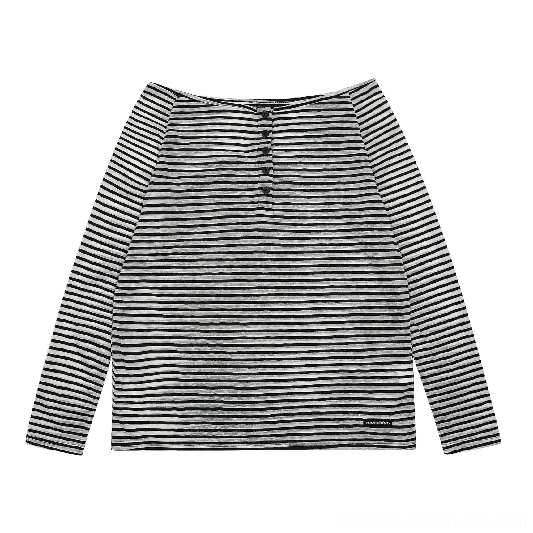 Women’s black and white striped off-shoulder henley long sleeve tee in a relaxed streetwear silhouette