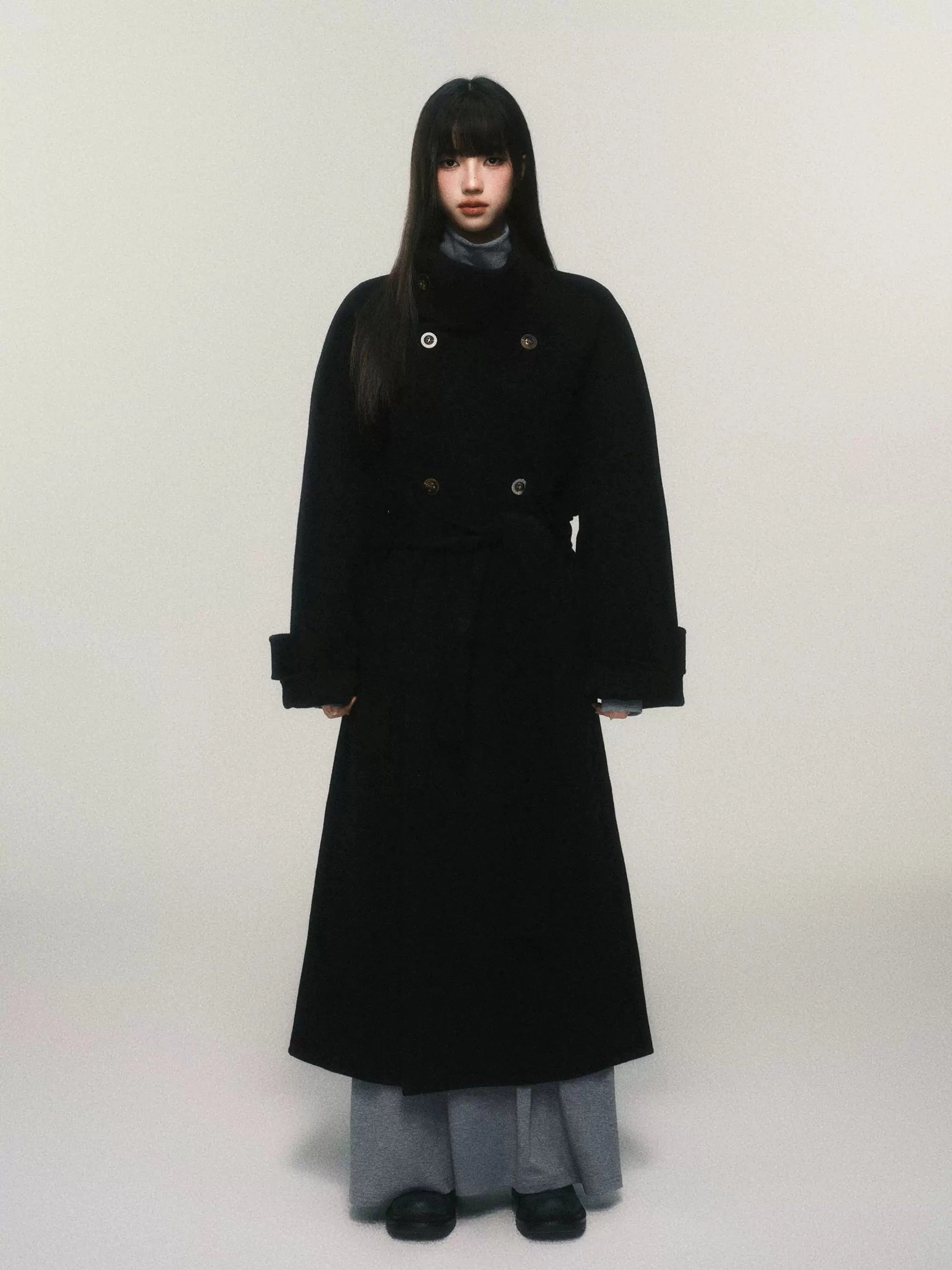 Women's black wool maxi trench coat with high funnel collar double-breasted buttons and waist belt