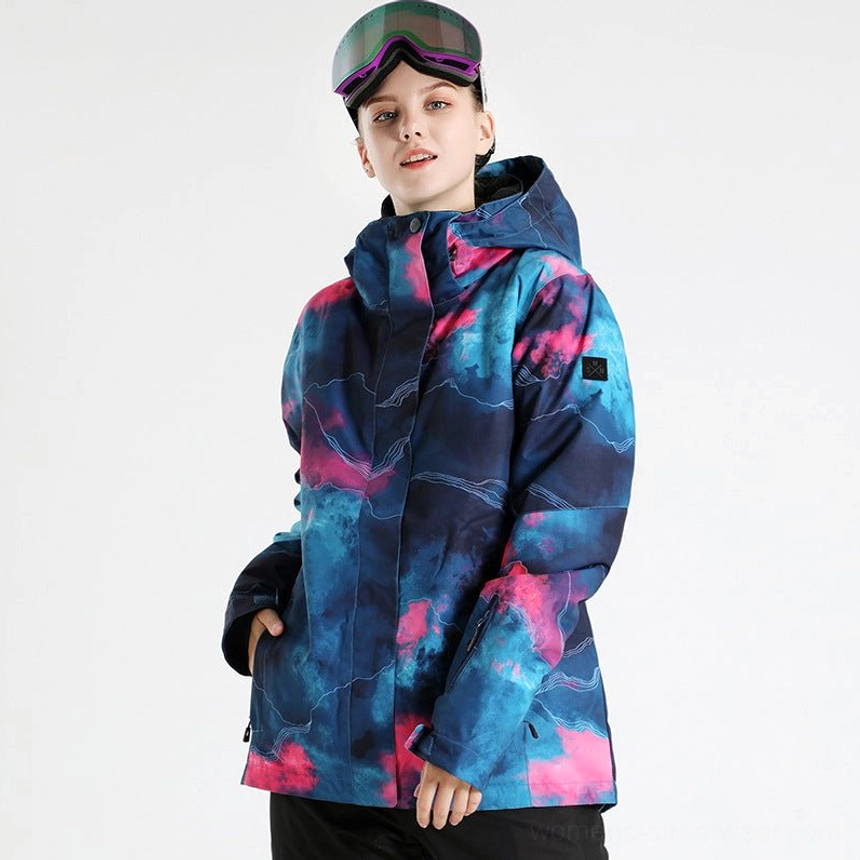 Women’s blue cloud aurora nebula ski shell jacket in dark navy blue and pink mountain tie-dye print with hood and side pocket