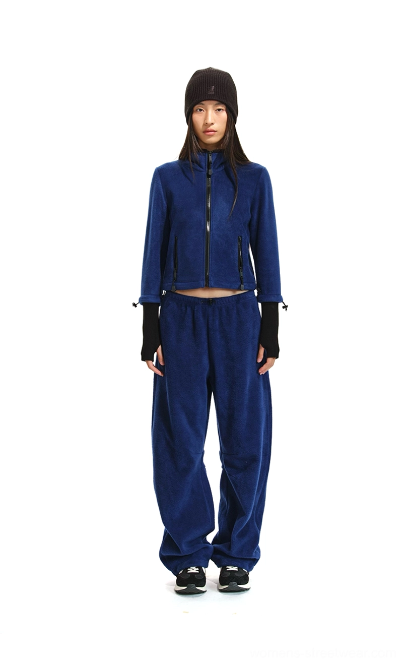 Royal blue cropped stand-collar fleece zip jacket and matching wide curved-leg pants front view