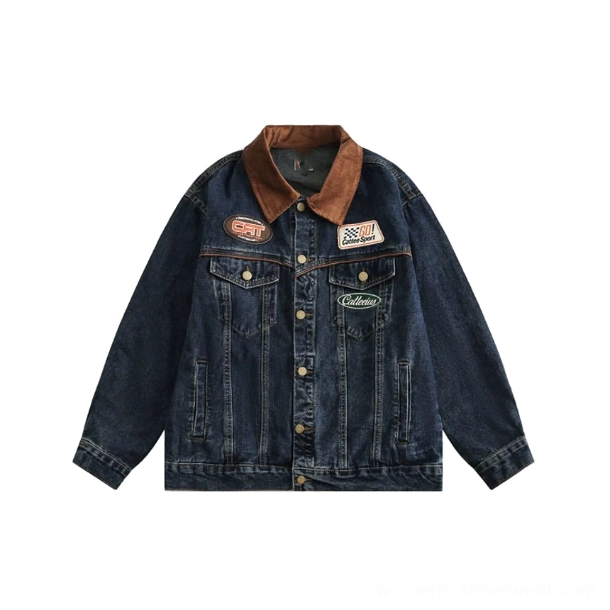 Women's racing patch denim jacket in blue denim with retro motorsport graphics, button front, and versatile streetwear appeal