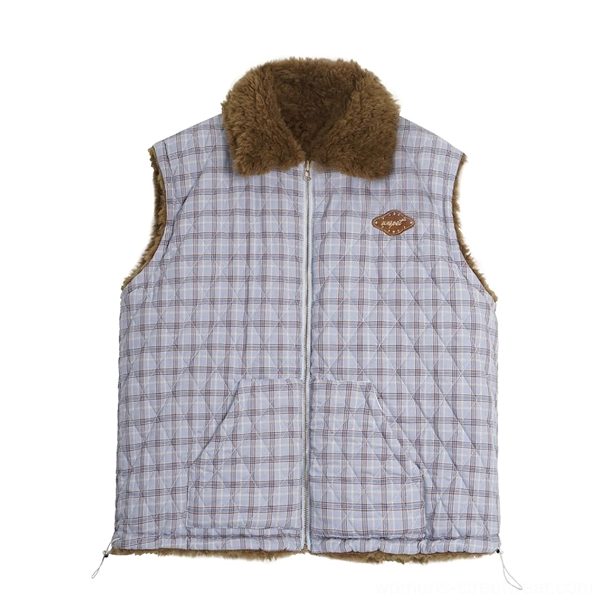 Blue reversible women's plaid sherpa vest with cozy teddy fleece side for Korean streetwear layering
