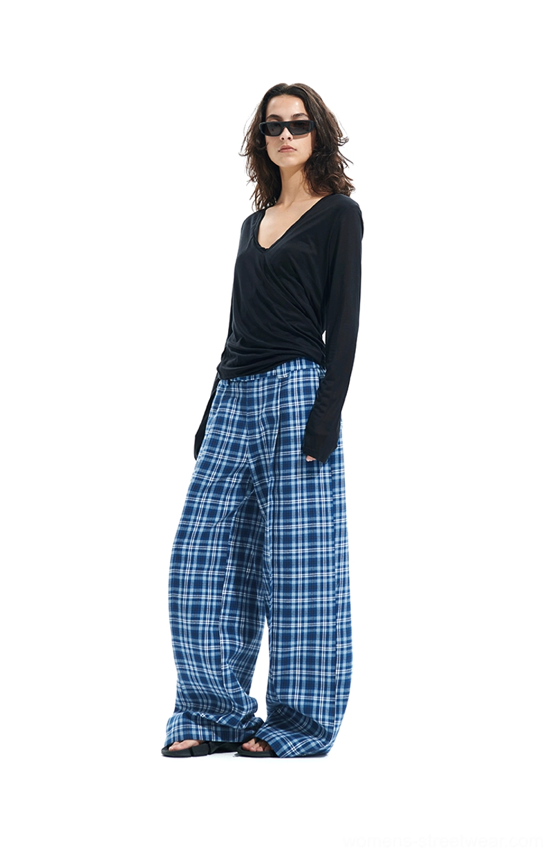 Women’s blue and white tartan-inspired wide-leg trousers with a relaxed full-length fit for Korean streetwear outfits