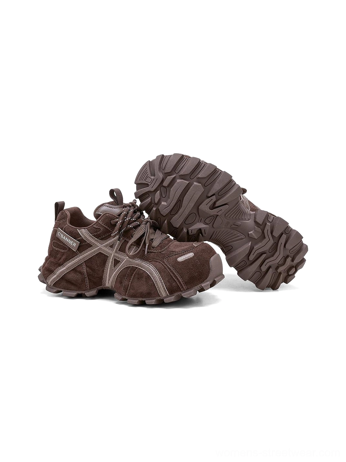 Women's brown cross-strap chunky trail runner sneakers detailed product view with layered technical outdoor streetwear design