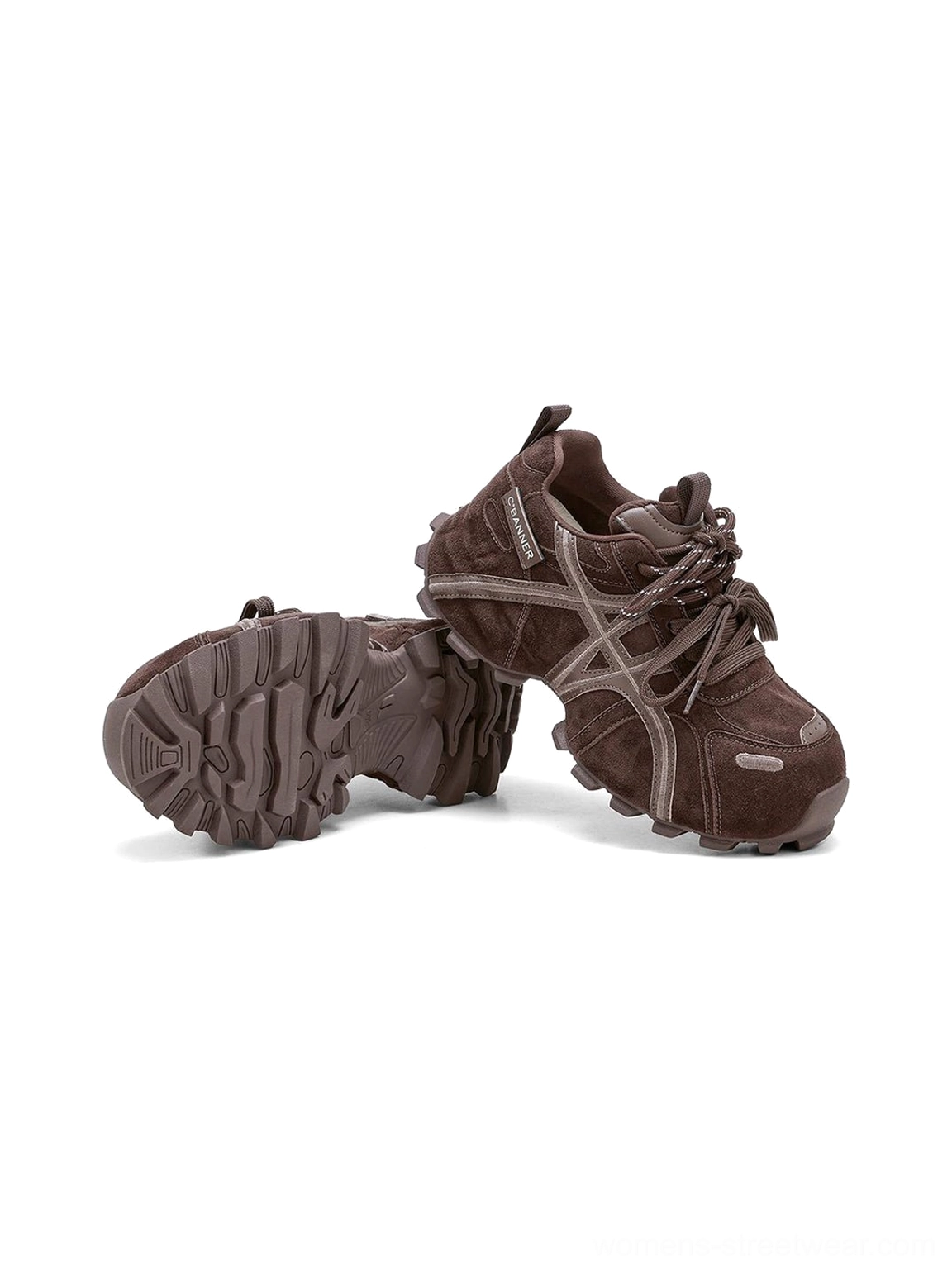Overhead view of women's brown cross-strap chunky trail runner sneakers showing textured upper and deep tread outsole