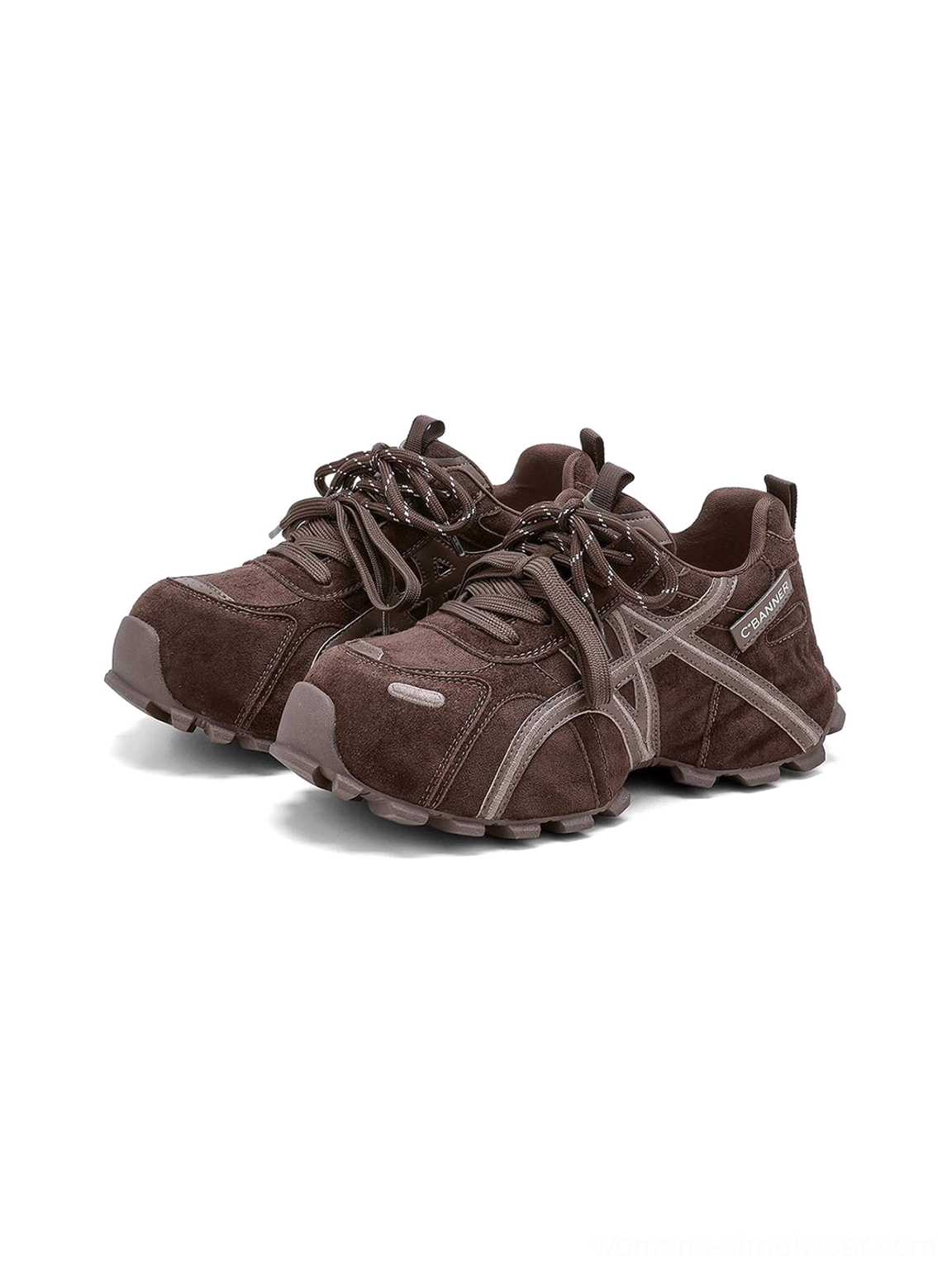 Pair of women's brown cross-strap chunky trail runner sneakers with contrast straps, lace-up closure, and sculpted sole