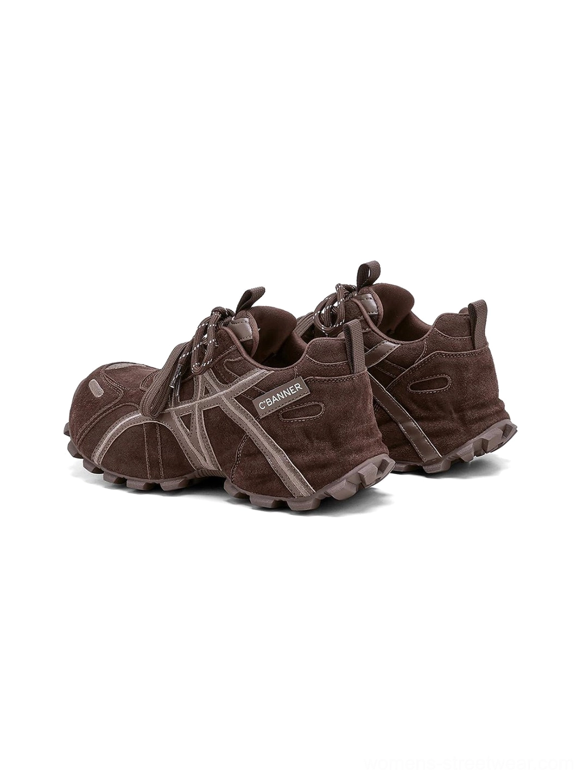 Rear three-quarter view of women's brown cross-strap chunky trail runner sneakers showing heel counter and textured brown panels