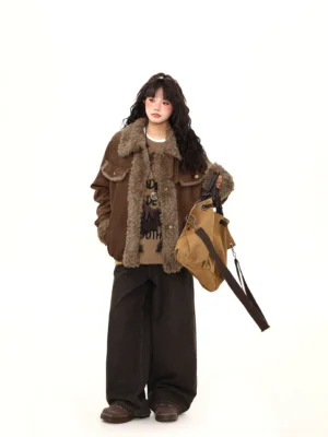 Back view of an oversized brown faux-shearling aviator jacket showing relaxed streetwear silhouette and plush collar trim