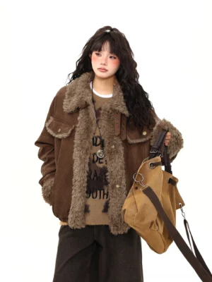 Front view of a women’s brown shearling lined aviator jacket with oversized fit, faux-fur collar, chest pockets, and winter streetwear styling