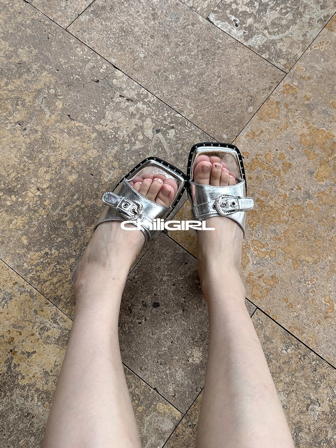 Women's buckled square-toe slide sandals with low sculpted wedge and polished streetwear details