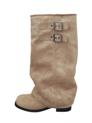 Camel buckled slouch shaft leather riding boots front view with ruched tall shaft and low block heel