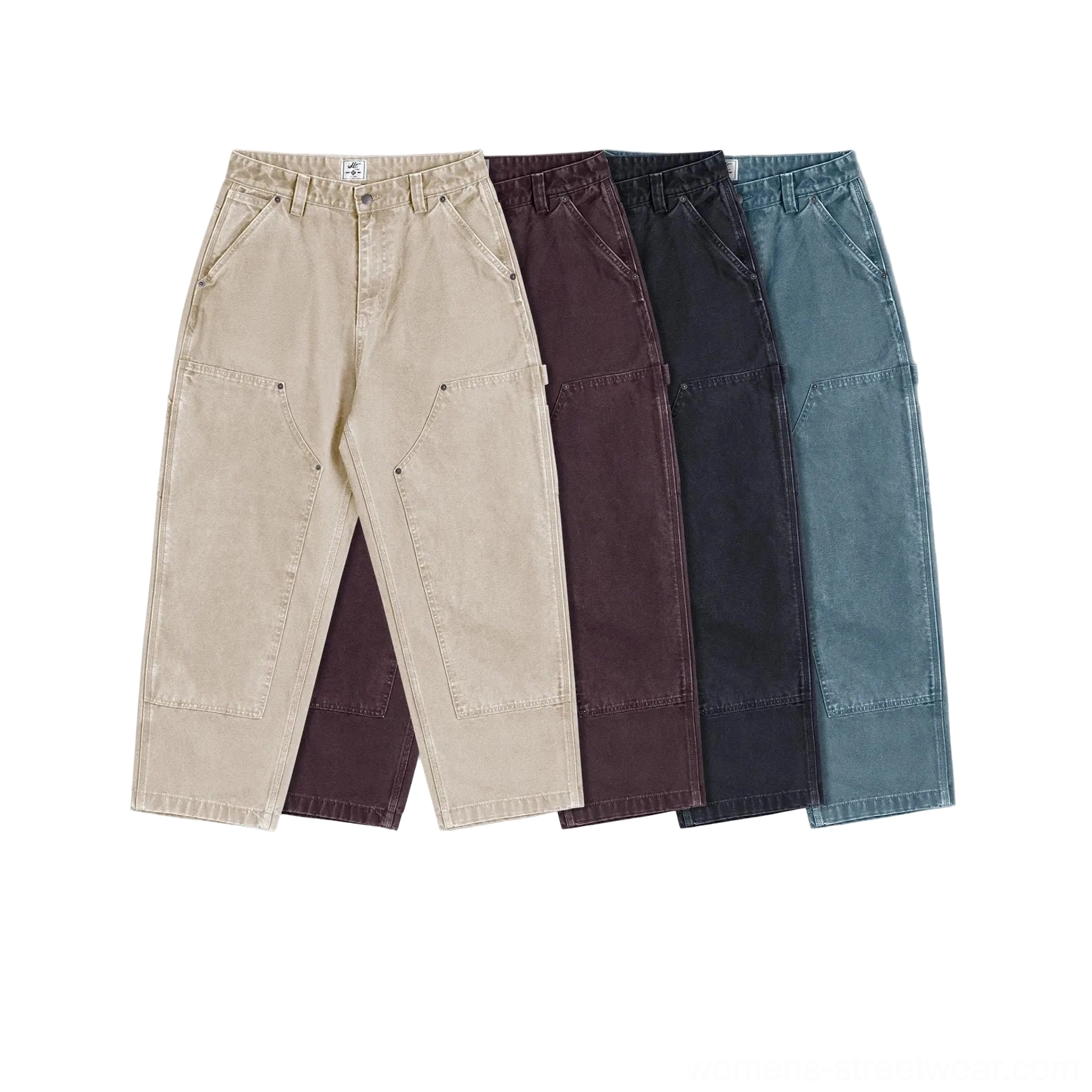 Women's carpenter denim pants in multiple muted colors with reinforced workwear panels and relaxed streetwear silhouettes