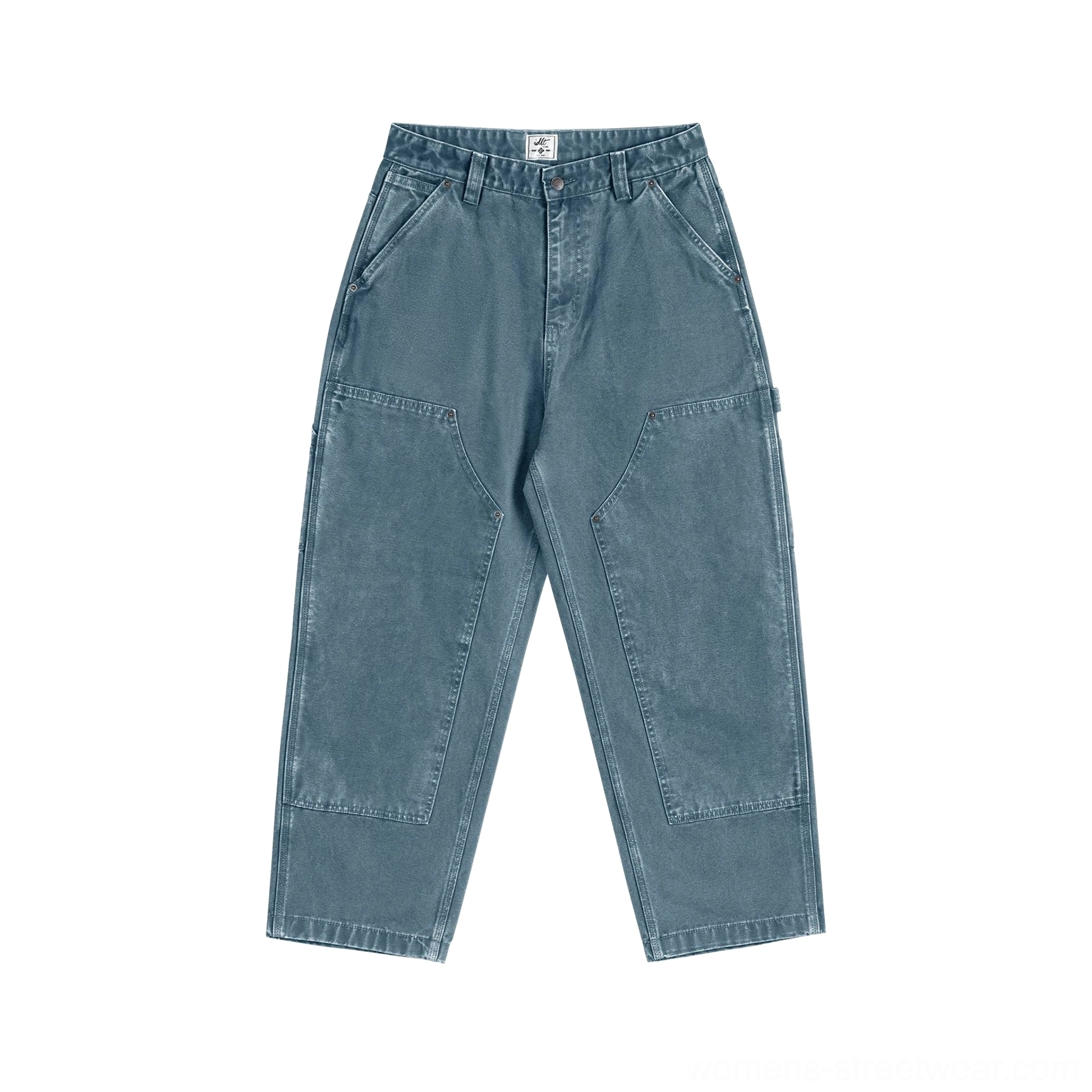 Women's carpenter denim utility pants with functional pocket details and a clean slightly tapered leg