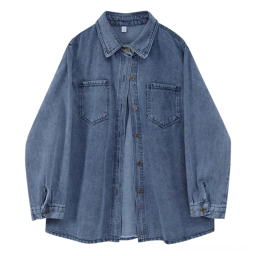 Women's casual dark blue denim shirt jacket with a faded finish, medium length, and comfortable oversized layering shape