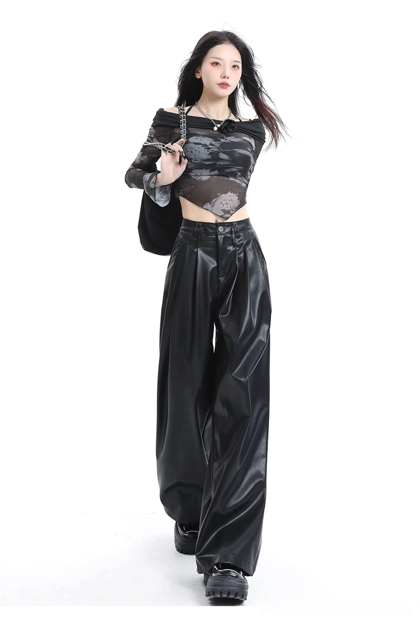 Women’s coffee brown faux leather wide-leg pants featuring smooth glossy texture high waist and relaxed streetwear fit