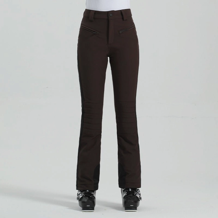 Coffee brown women's slim flared ski pants with zippered pockets, tailored waist, and modern alpine streetwear silhouette