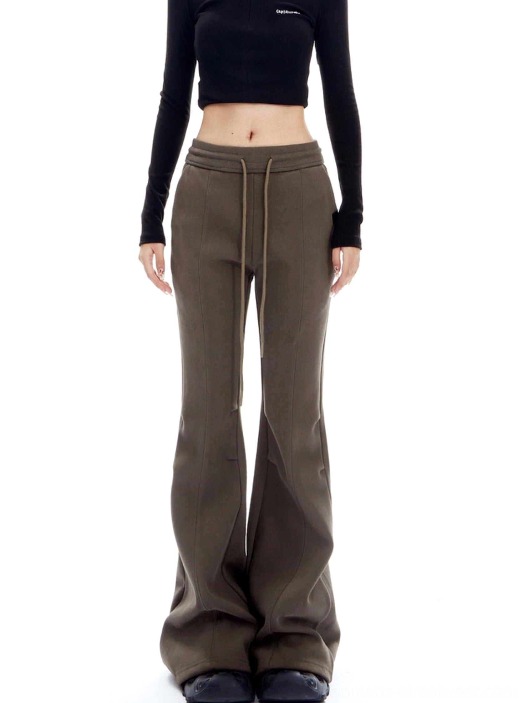 Coffee brown high-waisted flared lounge pants with drawstring waist and wide-leg streetwear silhouette shown from the front