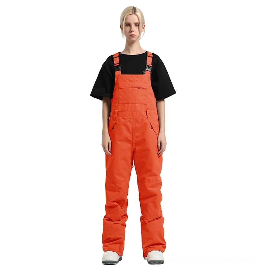 Women's winter cargo-inspired bib snow pants with secure chest pocket, adjustable straps, and snow gaiters