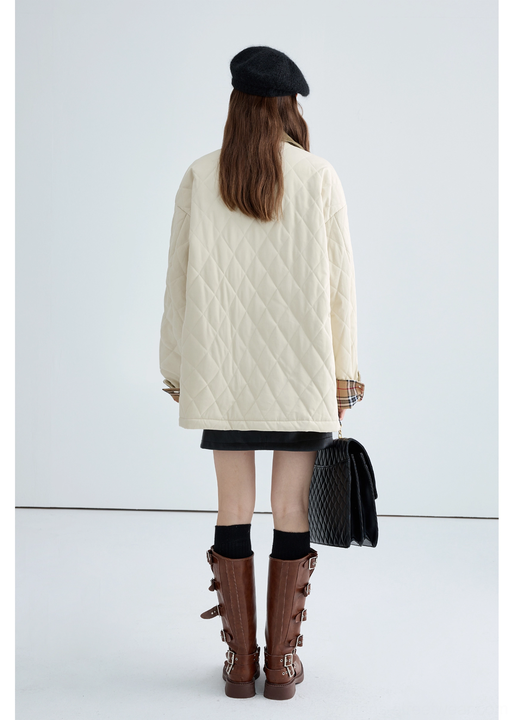 Women's contrast corduroy collar quilted cotton jacket in beige, a textured utility outerwear piece for everyday street style