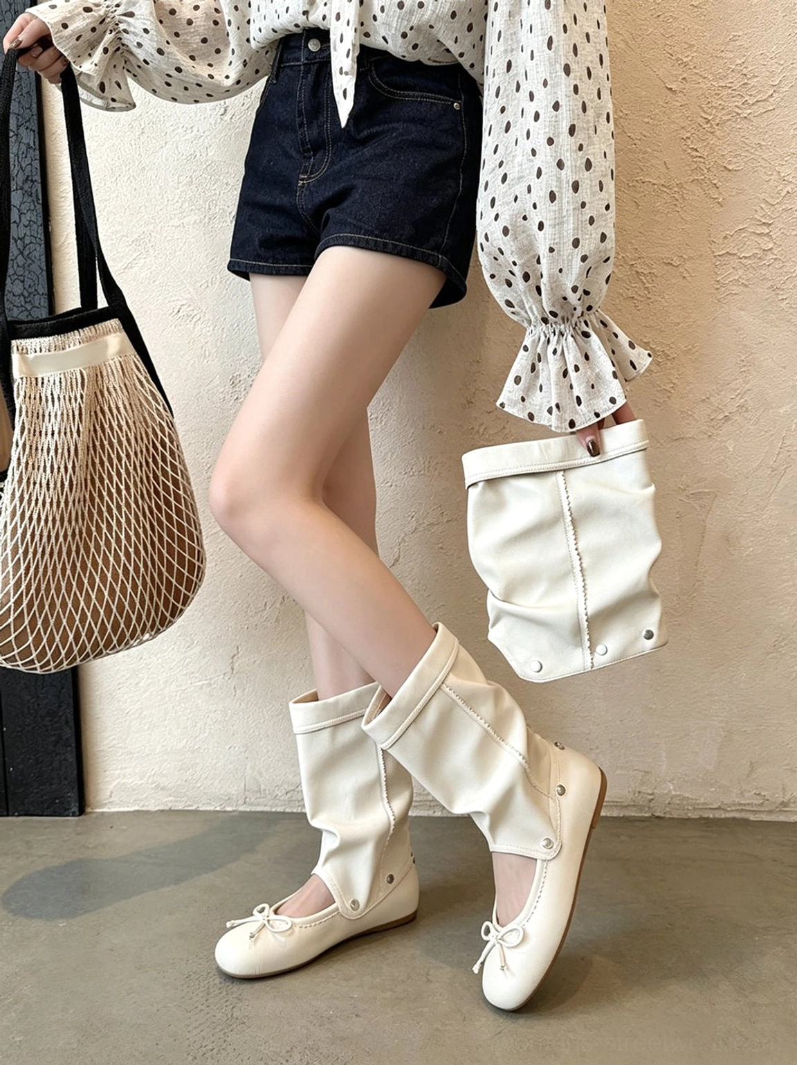 Women's convertible bow-wrap slouchy sandal boots featuring a soft ballet boot silhouette
