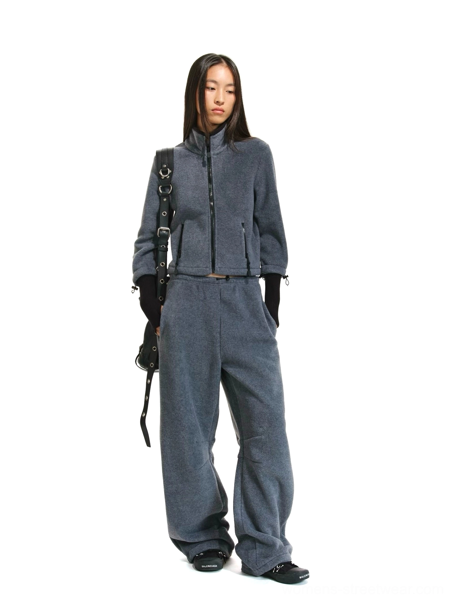 Women's cozy cropped fleece zip jacket and loose curved-leg pants coordinated outfit view